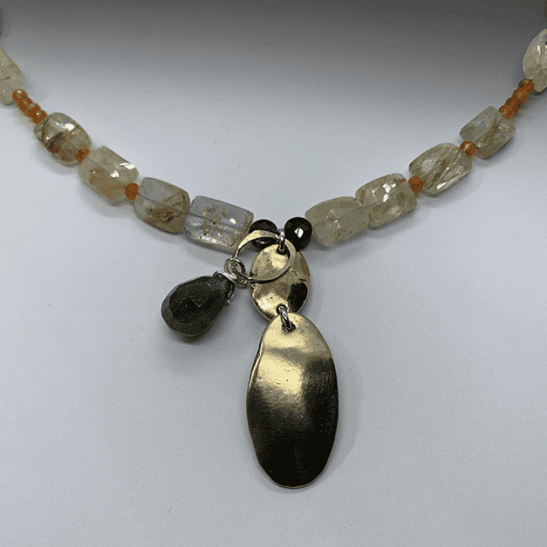 Silver and Stone Earrings, Gold Rutilated Quartz & Carnelian - Image 2