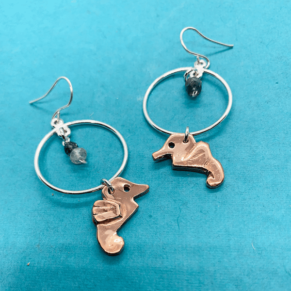 Seahorse copper origami inspired earrings with silver Hoop and stone